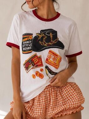 Western Cowboy Graphic Ringer Tee with Red Trim size XS